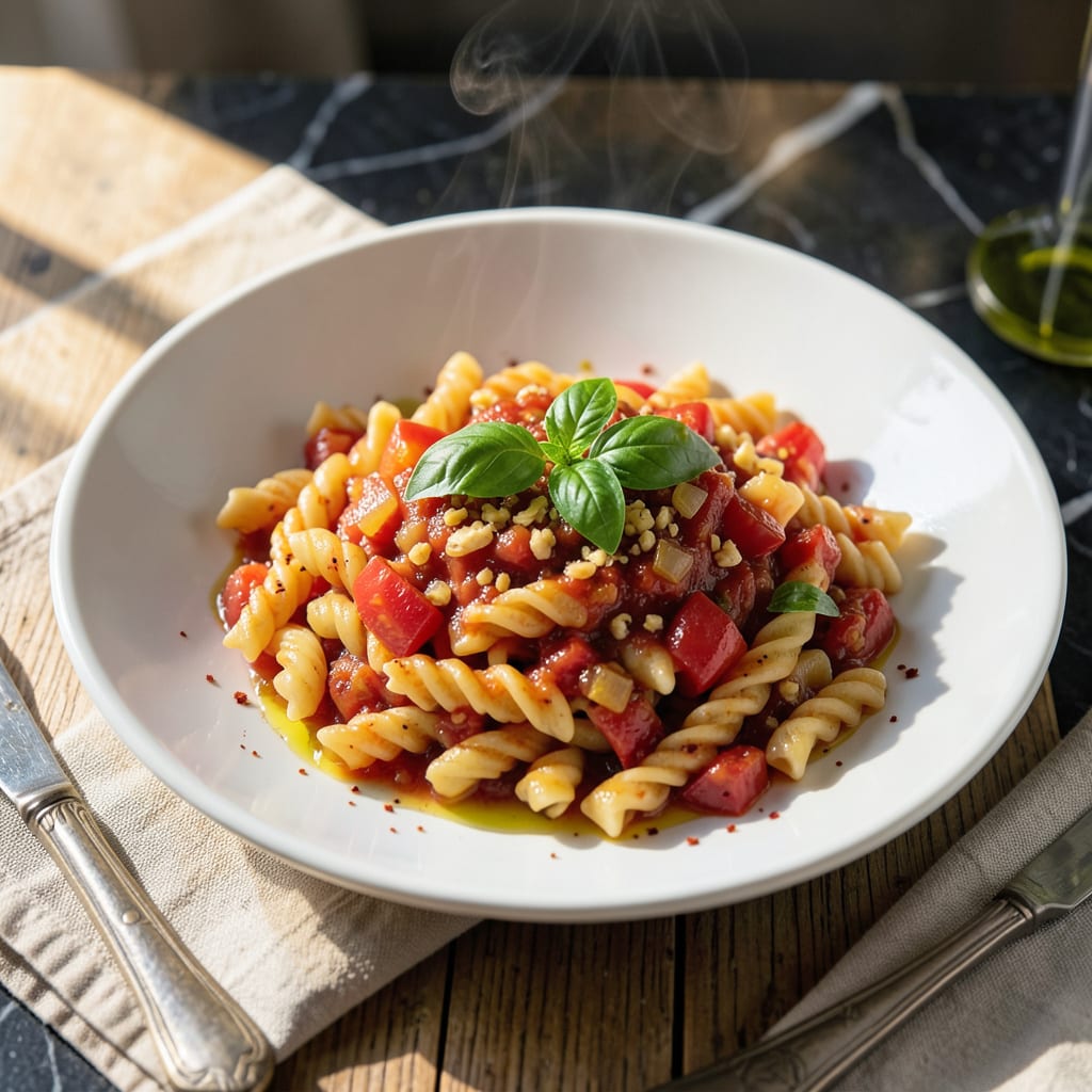 Pasta Pomodoro Gemelli Recipe: Twisted Pasta With Fresh Tomato Sauce illustration with key details
