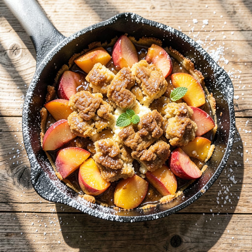 Paula Deen’s Peach Cobbler Recipe: Buttery Biscuit Topping Over Caramelized Peaches illustration with key details