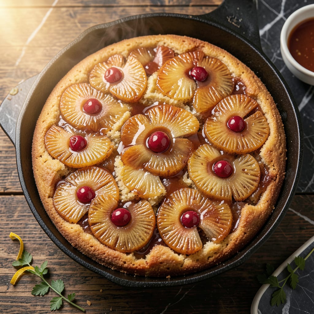 Visual representation of Paula Deen's Pineapple Upside Down Cake Recipe: Caramelized Topping With Buttery Layers