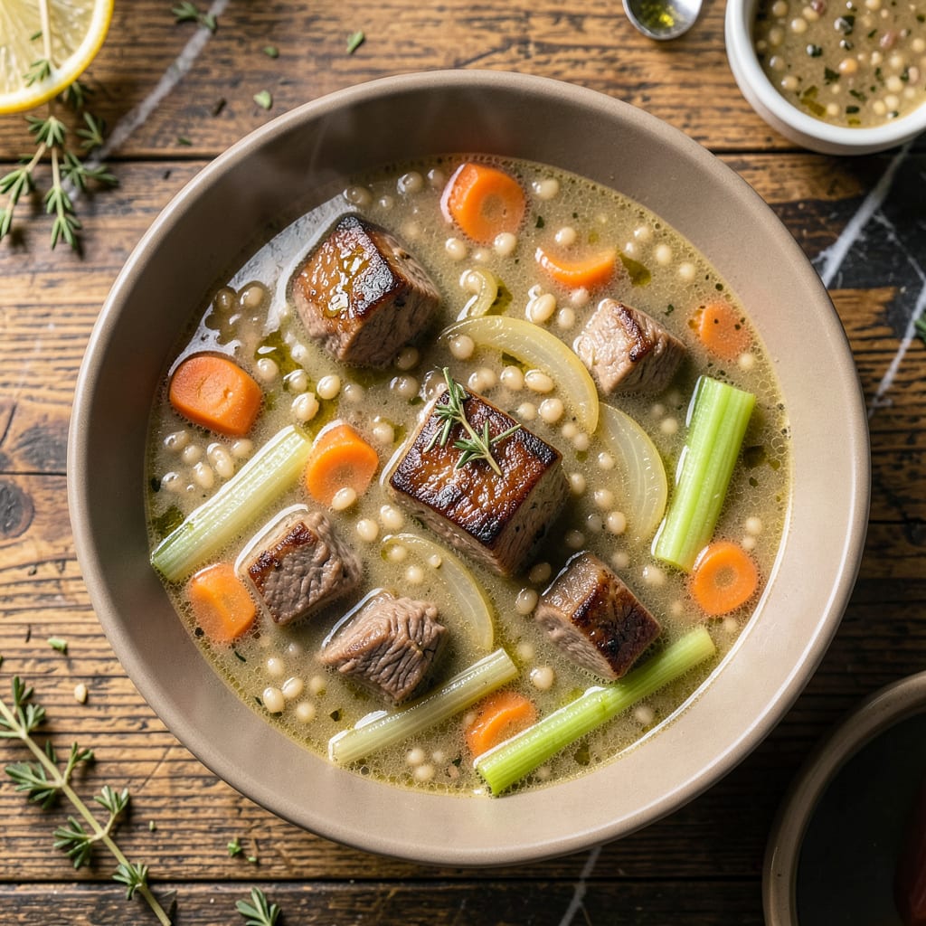 Pioneer Woman Beef Barley Soup Recipe: Hearty Broth with Chewy Grains and Tender Beef illustration with key details