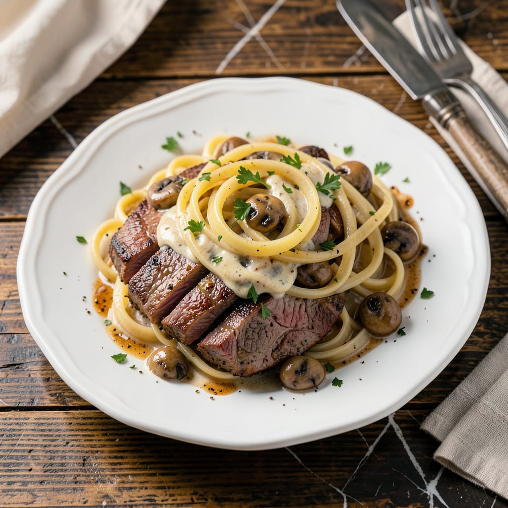 Visual representation of Pioneer Woman's Beef Stroganoff Recipe: Mushroom Rich Cream Sauce Over Egg Noodles