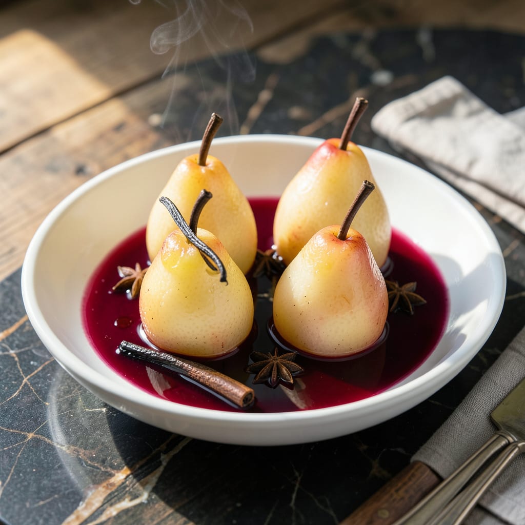 Poached Pears Recipe Barefoot Contessa: Wine Infused Elegance with Vanilla Bean illustration with key details