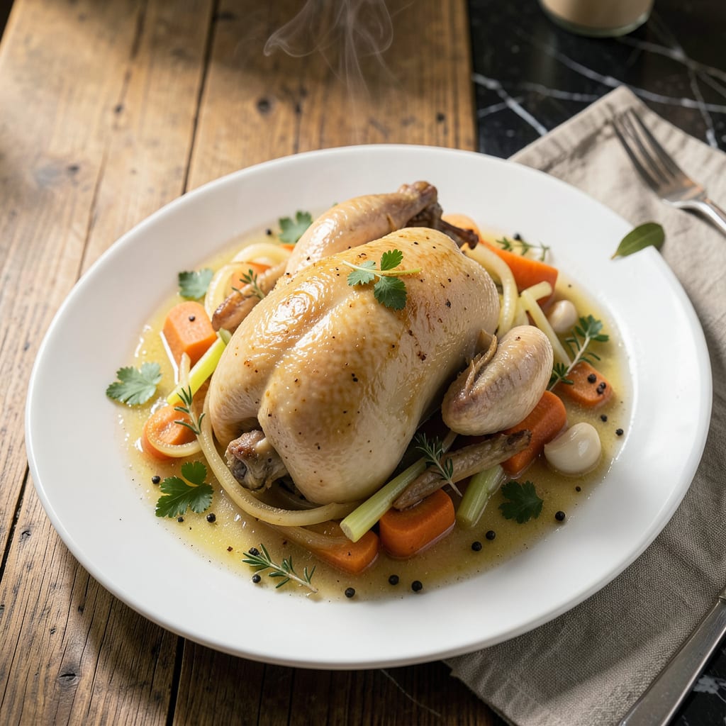Poached Whole Chicken Recipe: Tender Meat and Rich Broth for Meal Prep example with annotations