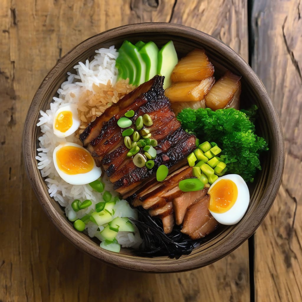 Pork Belly Rice Bowl Recipe: Braised Pork Perfection Over Fluffy Rice illustration with key details