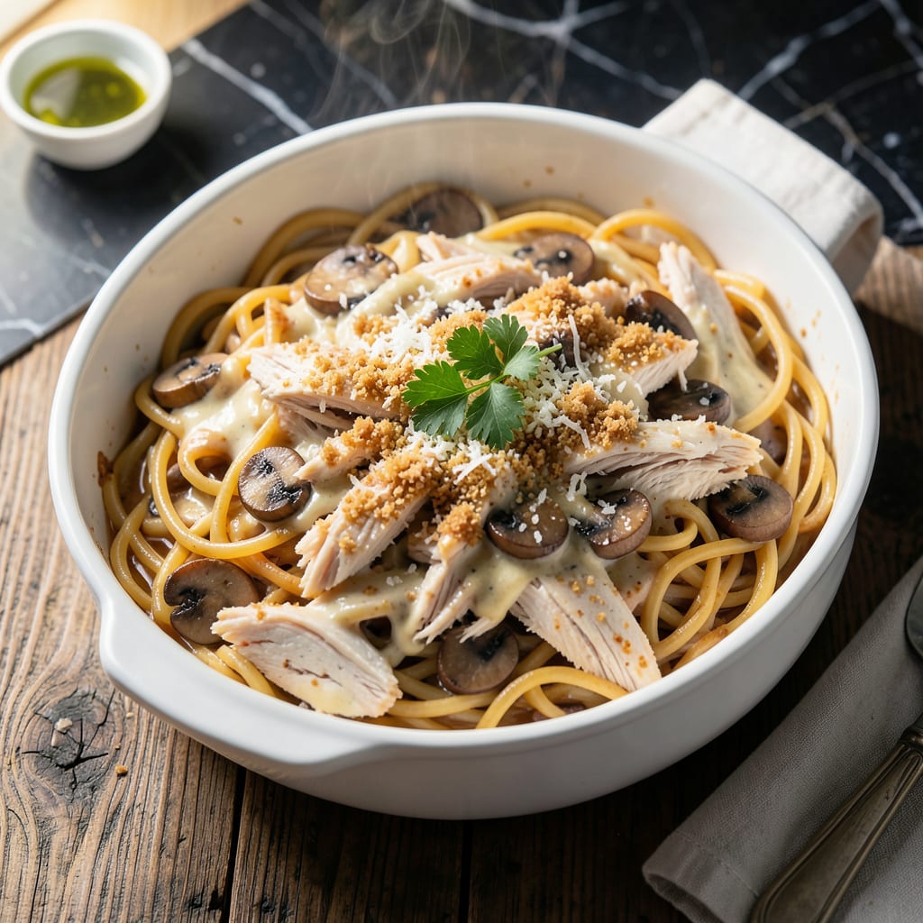 Recipe Chicken Tetrazzini Southern Living: Creamy Noodle Casserole with Herbed Breadcrumbs illustration with key details