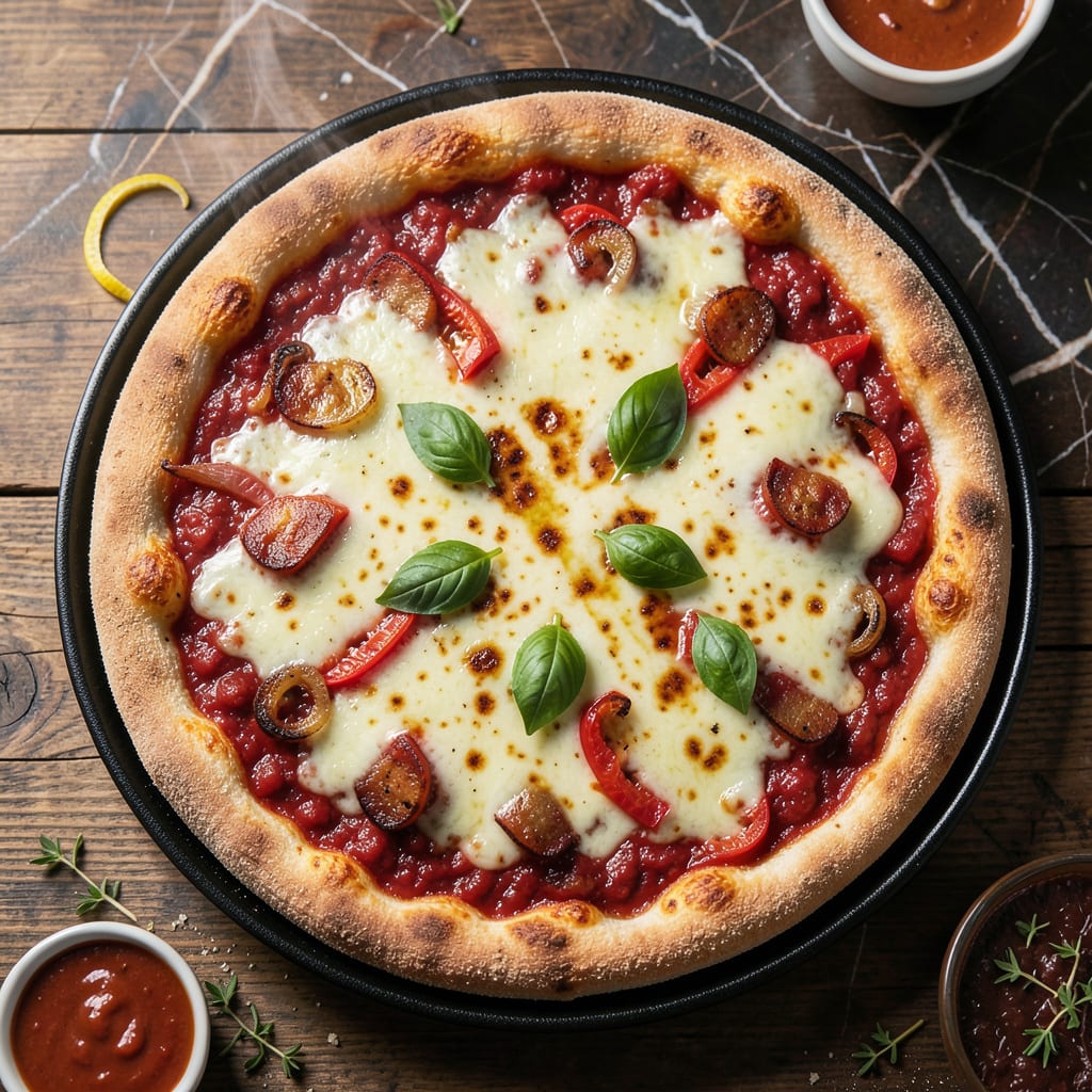 recipe for deep dish pizza illustration with key details