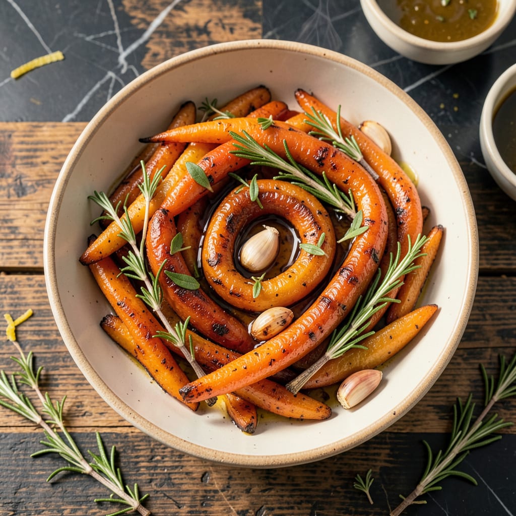 Recipe For Roasted Baby Carrots: Honey Glazed With Herbed Finish illustration with key details