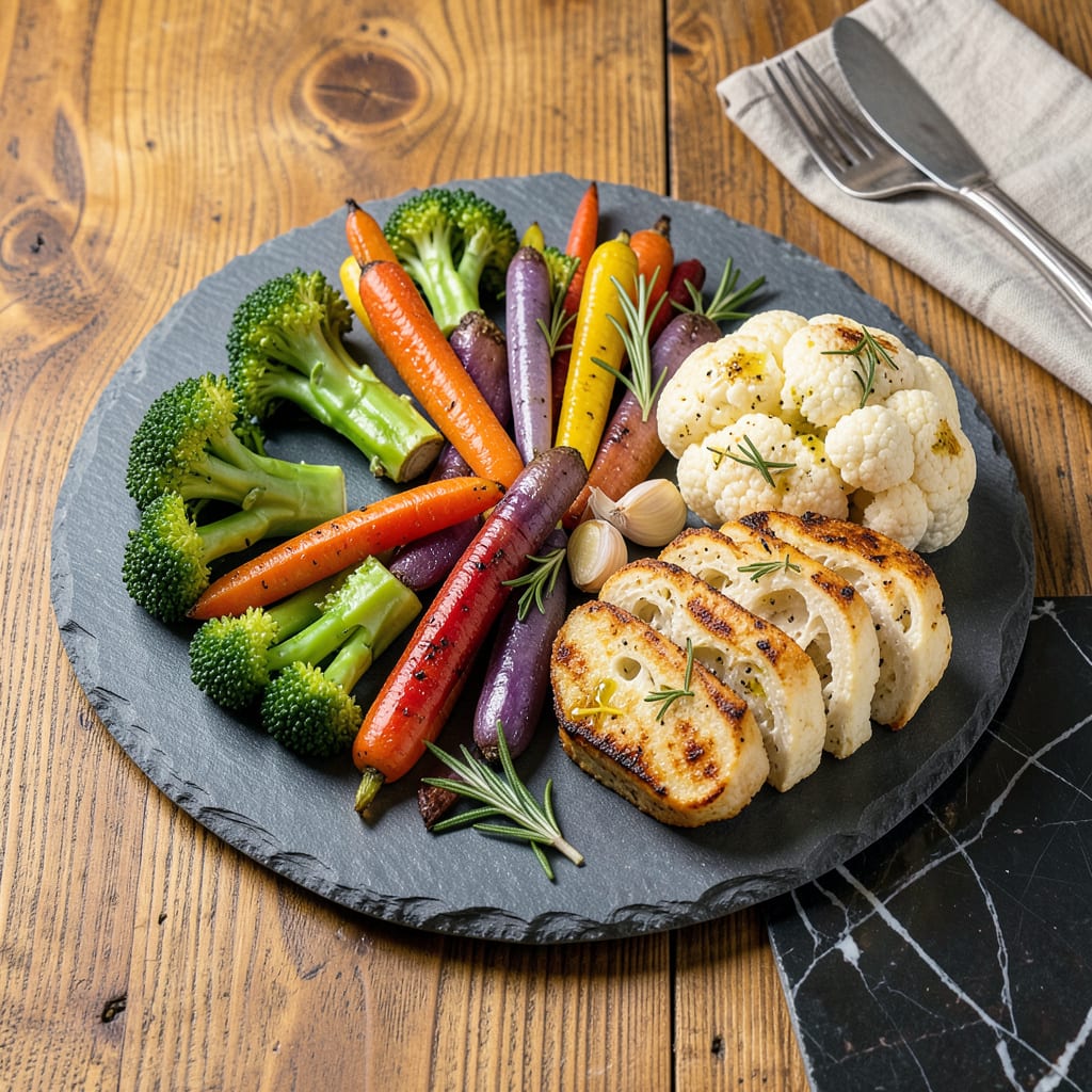 Visual representation of Roasted Carrots, Broccoli, and Cauliflower Recipe: Sheet Pan Char with Garlic Herb Crisp