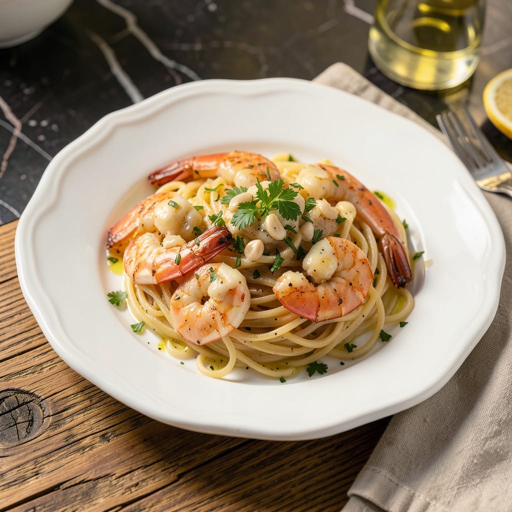 Complete Shrimp Luciano Don Pepe: Garlicky White Wine Sauce Over Linguine overview image