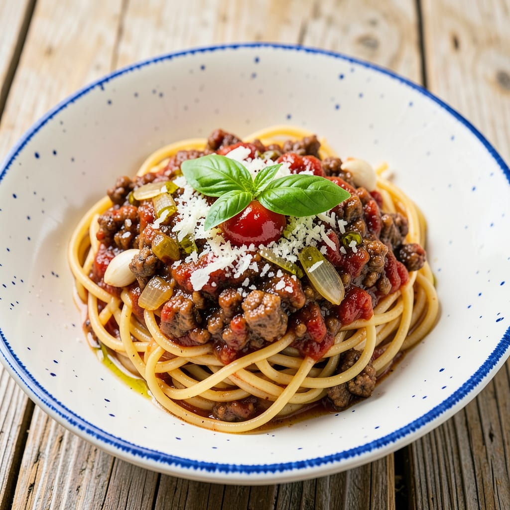 Visual representation of spaghetti factory meat sauce recipe