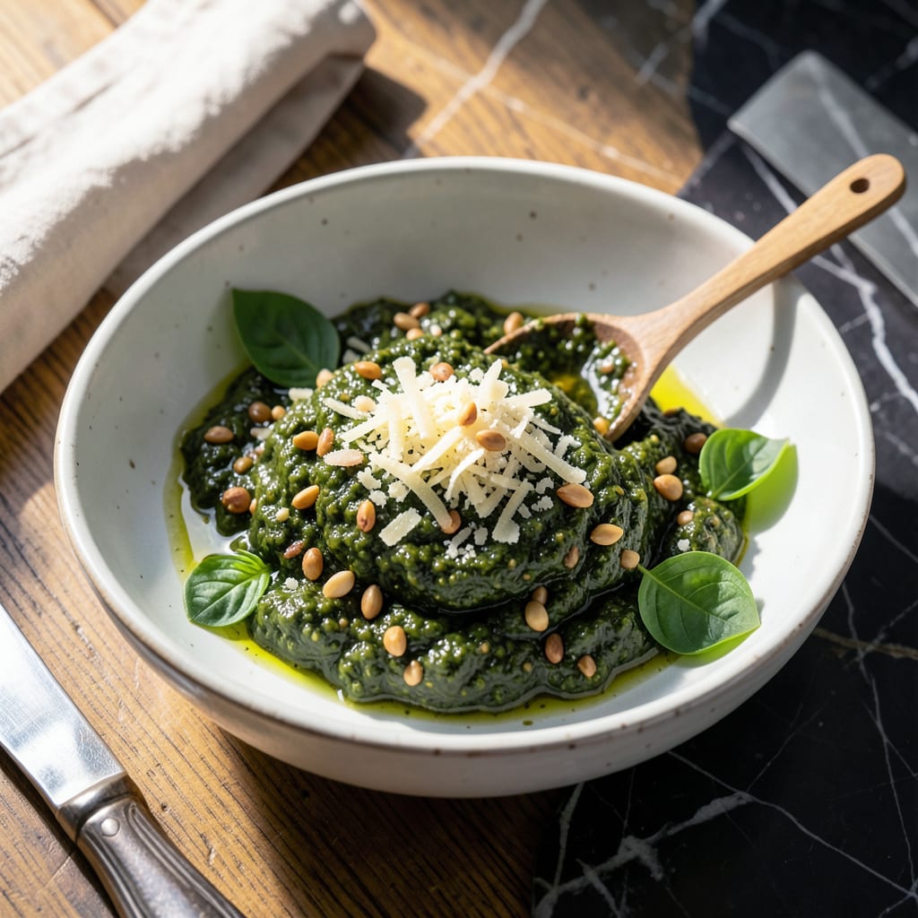 Visual representation of Stanley Tucci's Pesto Recipe: Bright Basil and Nutty Parmesan Blend