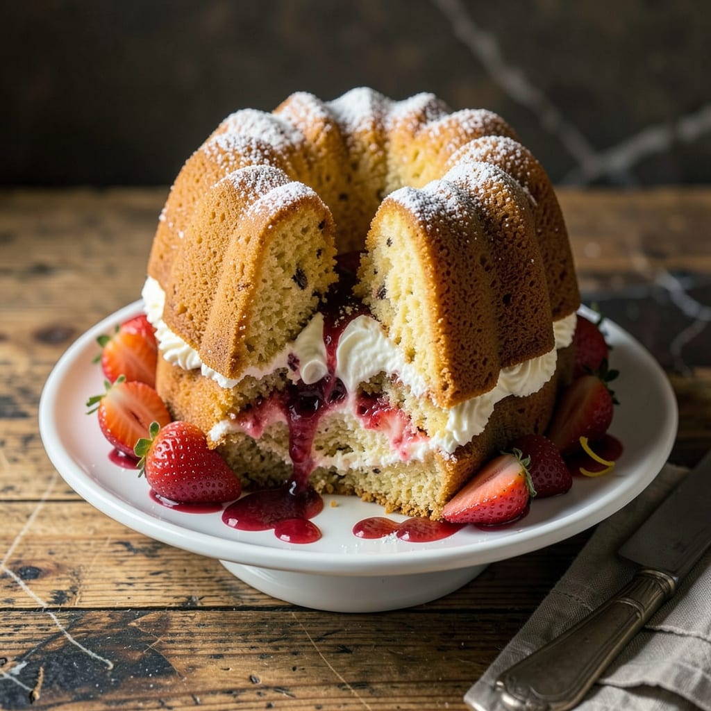 Visual representation of Strawberries and Cream Nothing Bundt Cake Copycat Recipe: Moist Vanilla Layers With Fresh Berry Swirls