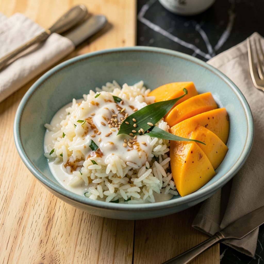 Sweet Rice Recipe: Sticky Coconut Infused Dessert With Mango Harmony illustration with key details