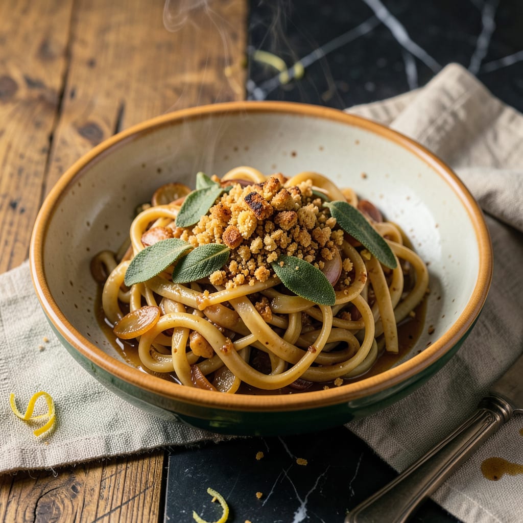 Thanksgiving Noodles Recipe: Buttery Egg Ribbons with Sage and Toasted Breadcrumbs illustration with key details