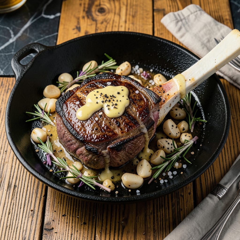 tomahawk steak in oven recipe illustration with key details