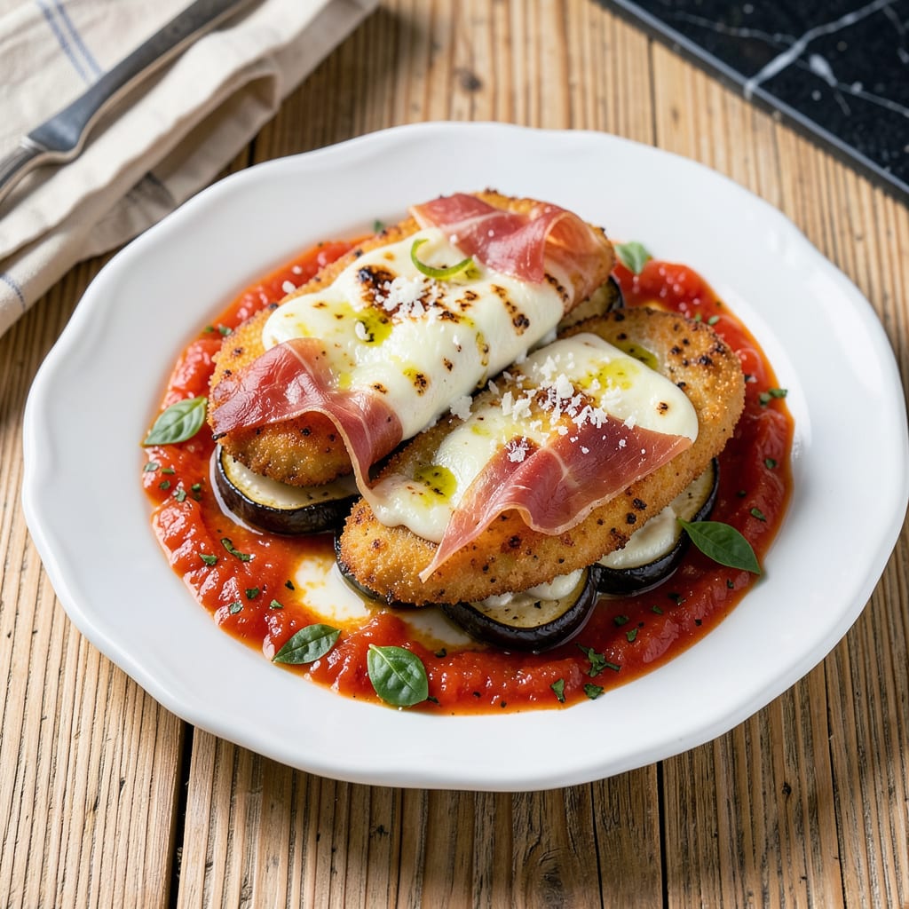 Veal Sorrentino Recipe: Crispy Eggplant and Melty Mozzarella Layers illustration with key details
